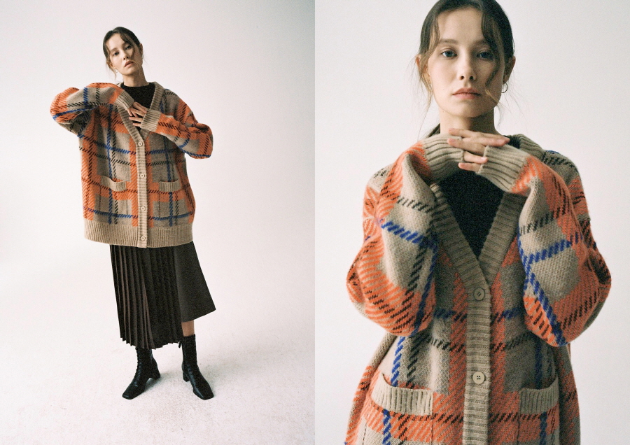 JACQUARD CHECKED KNIT CARDIGAN_Beige | W Concept